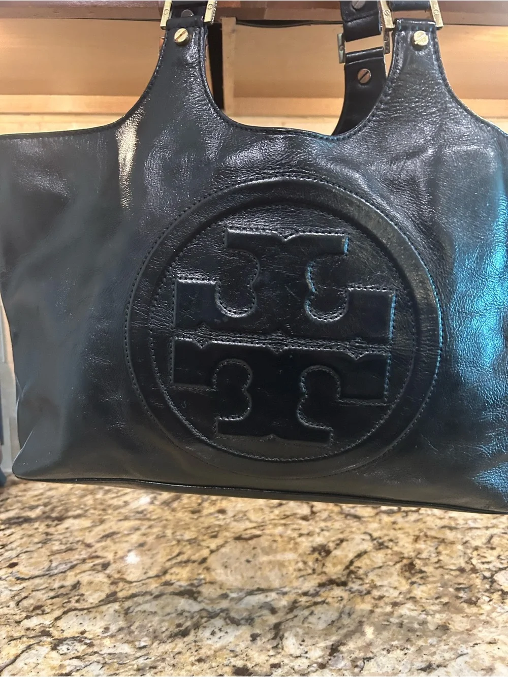 Tory Burch Black Leather Logo Tote with Gold Hardware